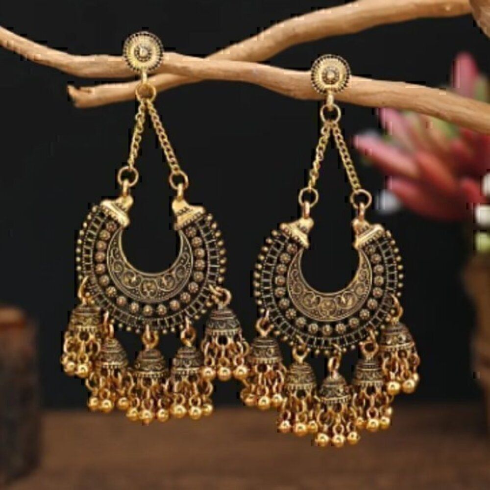 Gold Bohemian Bell Pendant Dangle Earrings Alloy Jewelry Bollywood Style